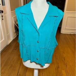 Vintage xl women’s teal v neck collared button down‎ sleeveless vest  lady dorby